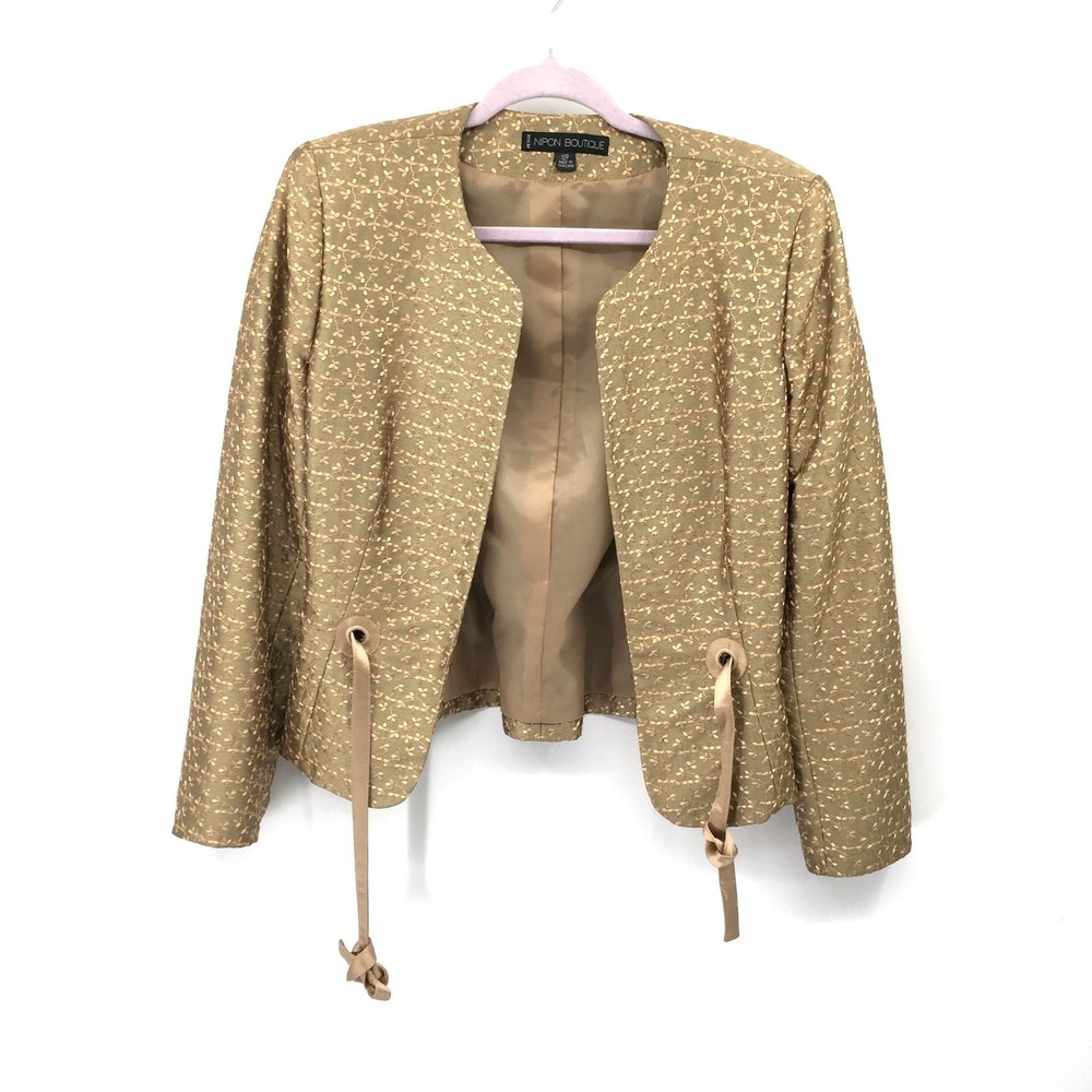 Petite Nipon Boutique gold leaf stitching structured tie blazer lady jacket 12 P